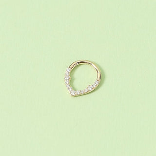 Gold earring with small diamonds on a light green background